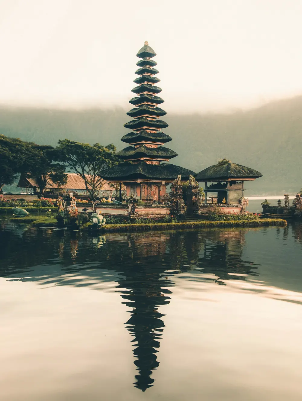 Bali temple surrounded by lush tropical scenery